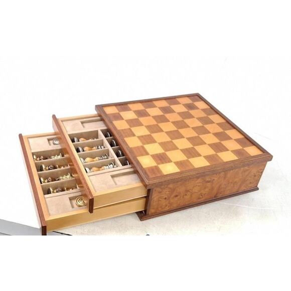 VINTAGE WOOD & METAL CHESS & CHECKER SET CASE DRAWER STORAGE SET - Picture 5 of 7